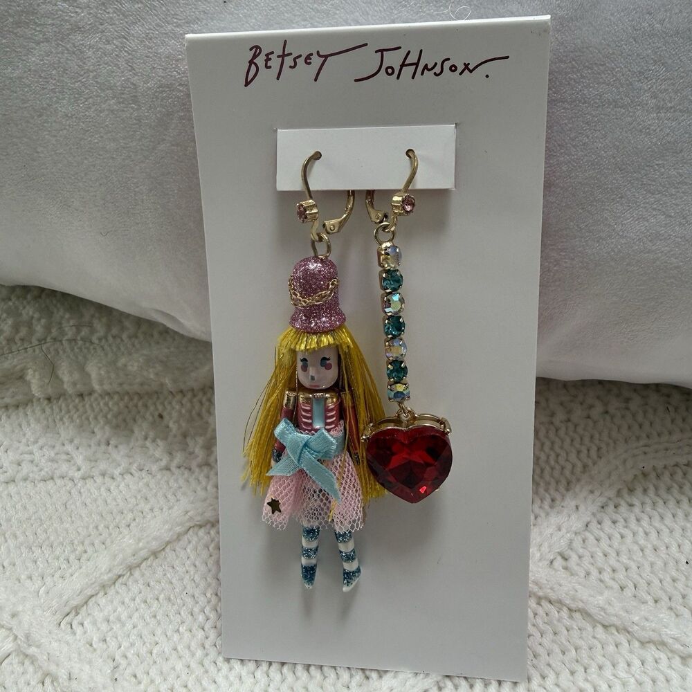 Betsey Johnson Nutcracker Ballerina Rhinestone Heart Mismatch Drop Earrings NWT